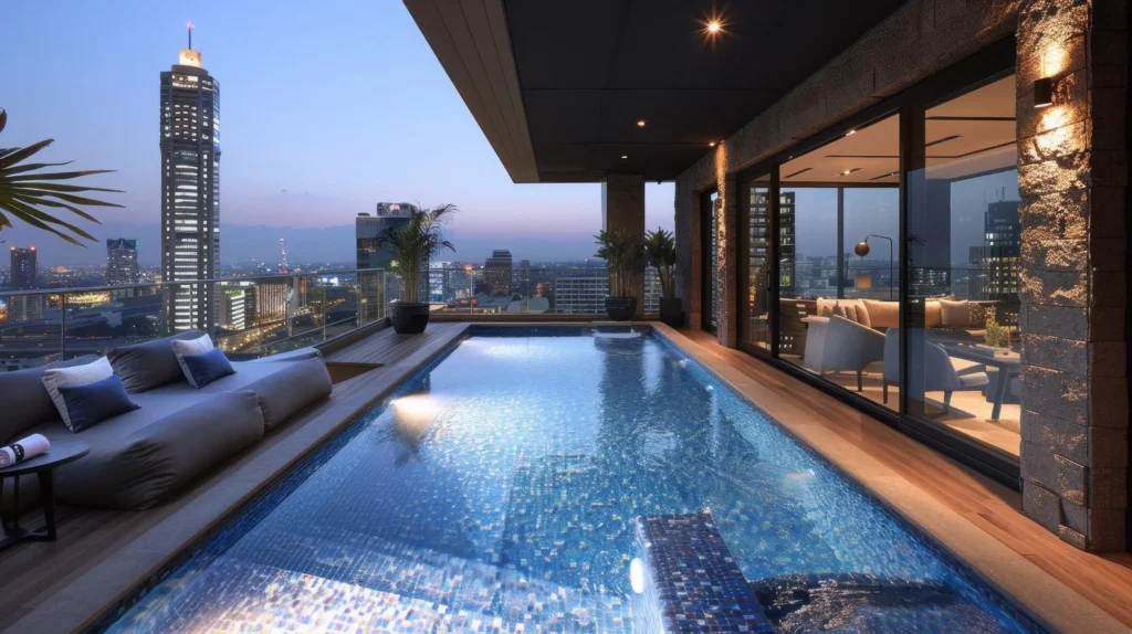 hotel rooftop pool with panoramic city views Web H